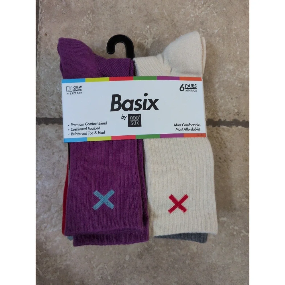 BASIX By ODDSOX 6-Pairs Of Men's Crew Socks Shoe Size Medium 8-12 Purple/Beige